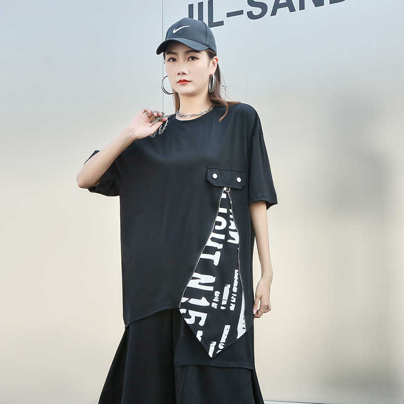 Tシャツ レディース シャツ モード系 トップス 半袖 個性的 アシンメトリー 丸首 ゆったり 大人 きれいめ 黒 韓国ファッション 春 夏